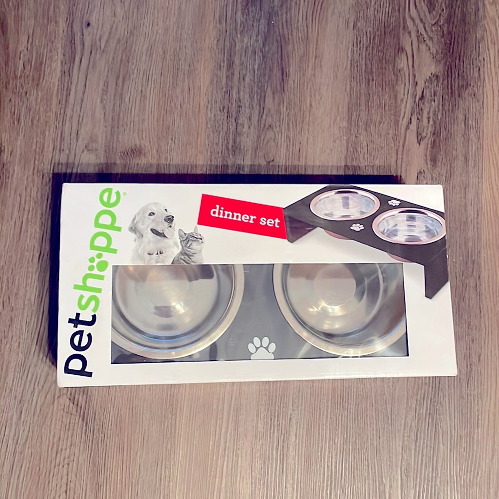 Petshoppe Pet Dinner Set Stainless Steel Bowls Elevated Black Wood Frame Dog Cat